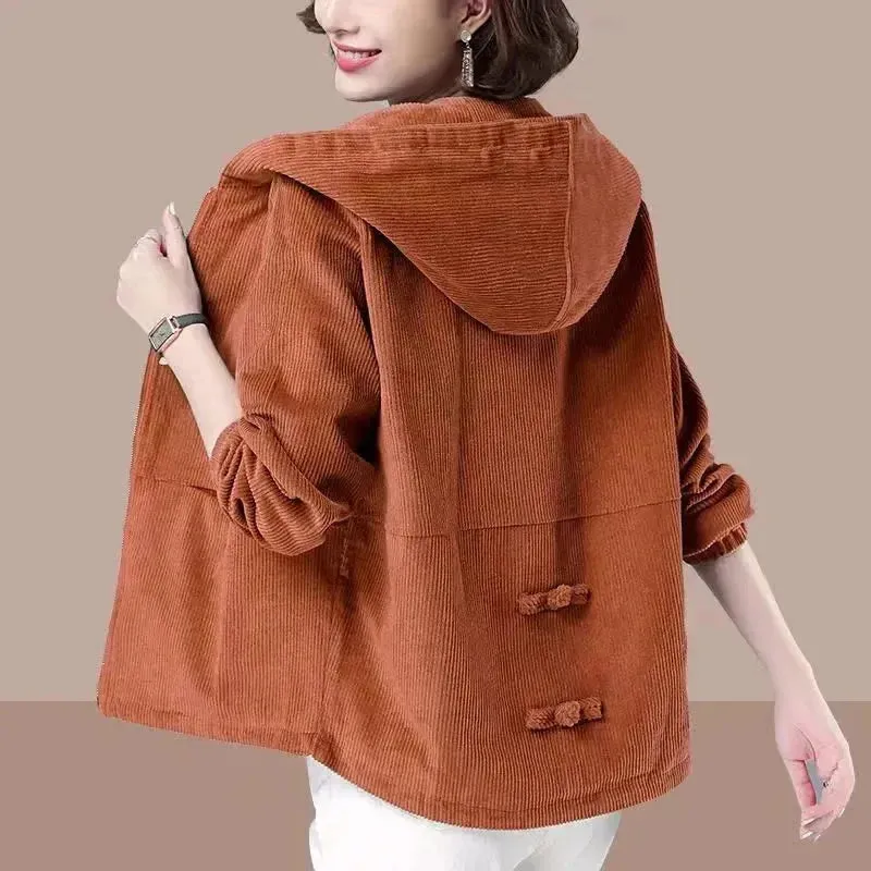 2024 Women Clothing Corduroy Short Jackets Winter Thick Fleece Warm Hooded Coats Zipper Fashion Solid Simple All-match Outwear