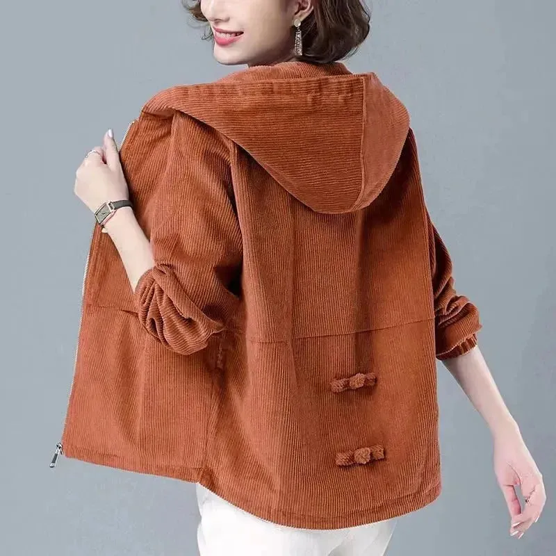 2024 Women Clothing Corduroy Short Jackets Winter Thick Fleece Warm Hooded Coats Zipper Fashion Solid Simple All-match Outwear