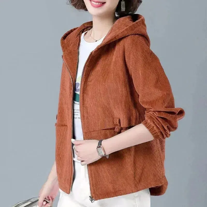 2024 Women Clothing Corduroy Short Jackets Winter Thick Fleece Warm Hooded Coats Zipper Fashion Solid Simple All-match Outwear