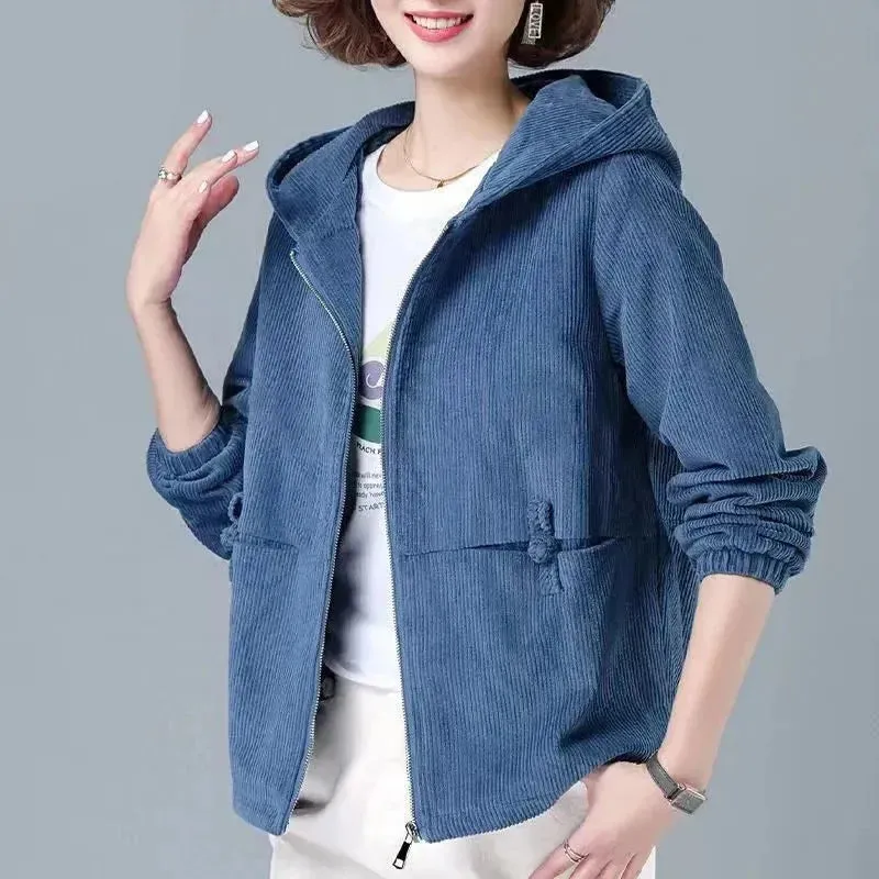 2024 Women Clothing Corduroy Short Jackets Winter Thick Fleece Warm Hooded Coats Zipper Fashion Solid Simple All-match Outwear