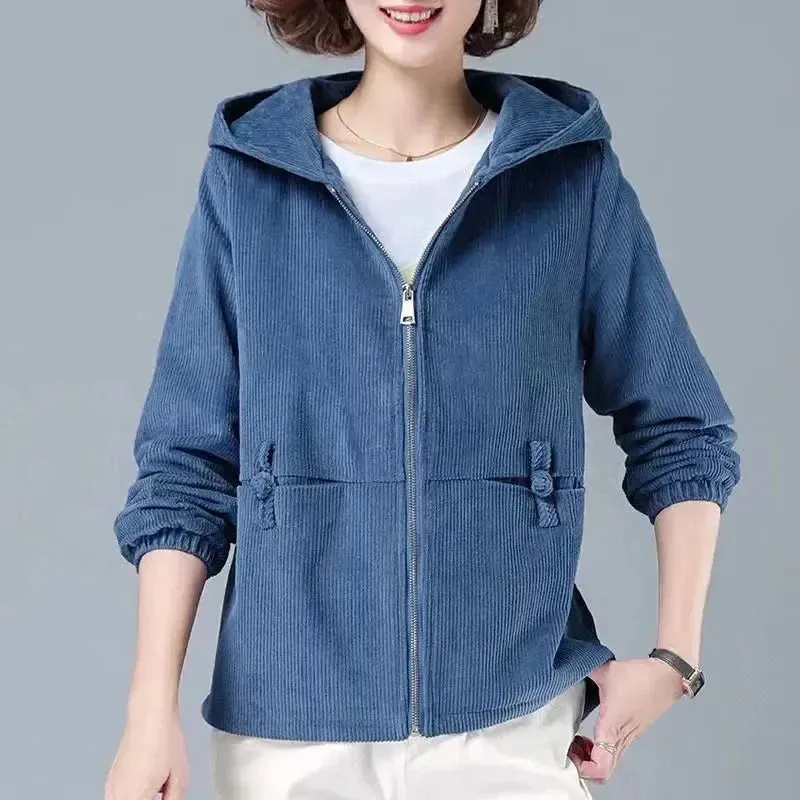 2024 Women Clothing Corduroy Short Jackets Winter Thick Fleece Warm Hooded Coats Zipper Fashion Solid Simple All-match Outwear