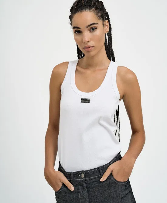 Access Fashion White Ribbed Sleeveless Top With Rhinestones