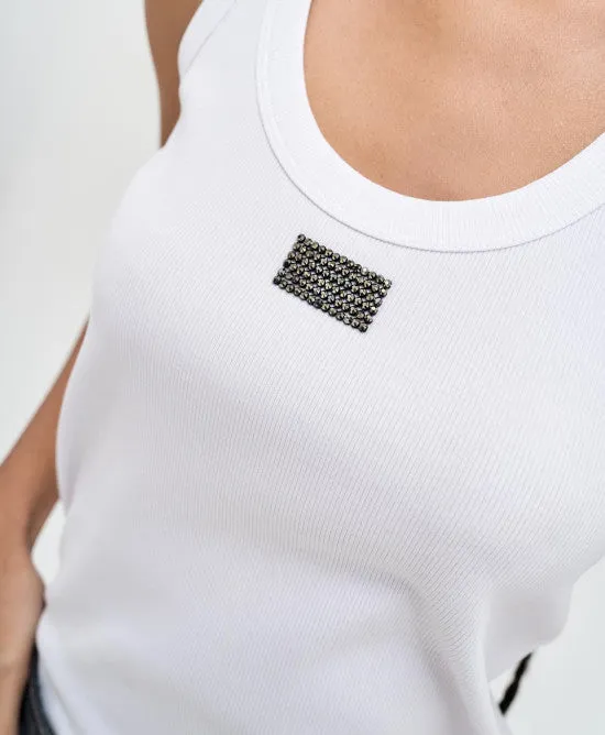 Access Fashion White Ribbed Sleeveless Top With Rhinestones