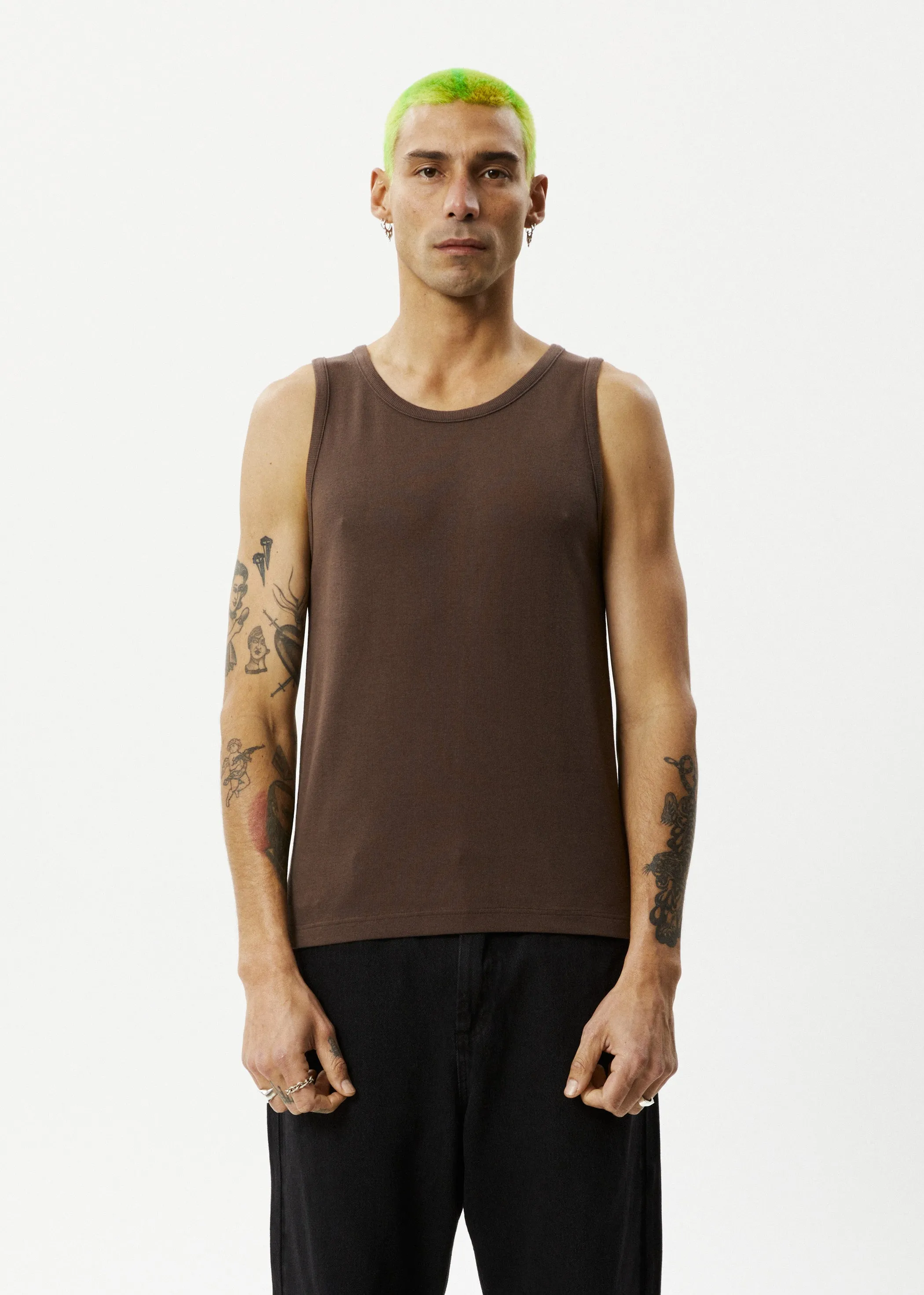 AFENDS Mens Paramount - Ribbed Singlet - Coffee