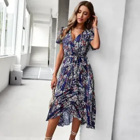 ARIEL - DARK BLUE MIDI DRESS WITH BOHEMIAN FLORAL PRINT