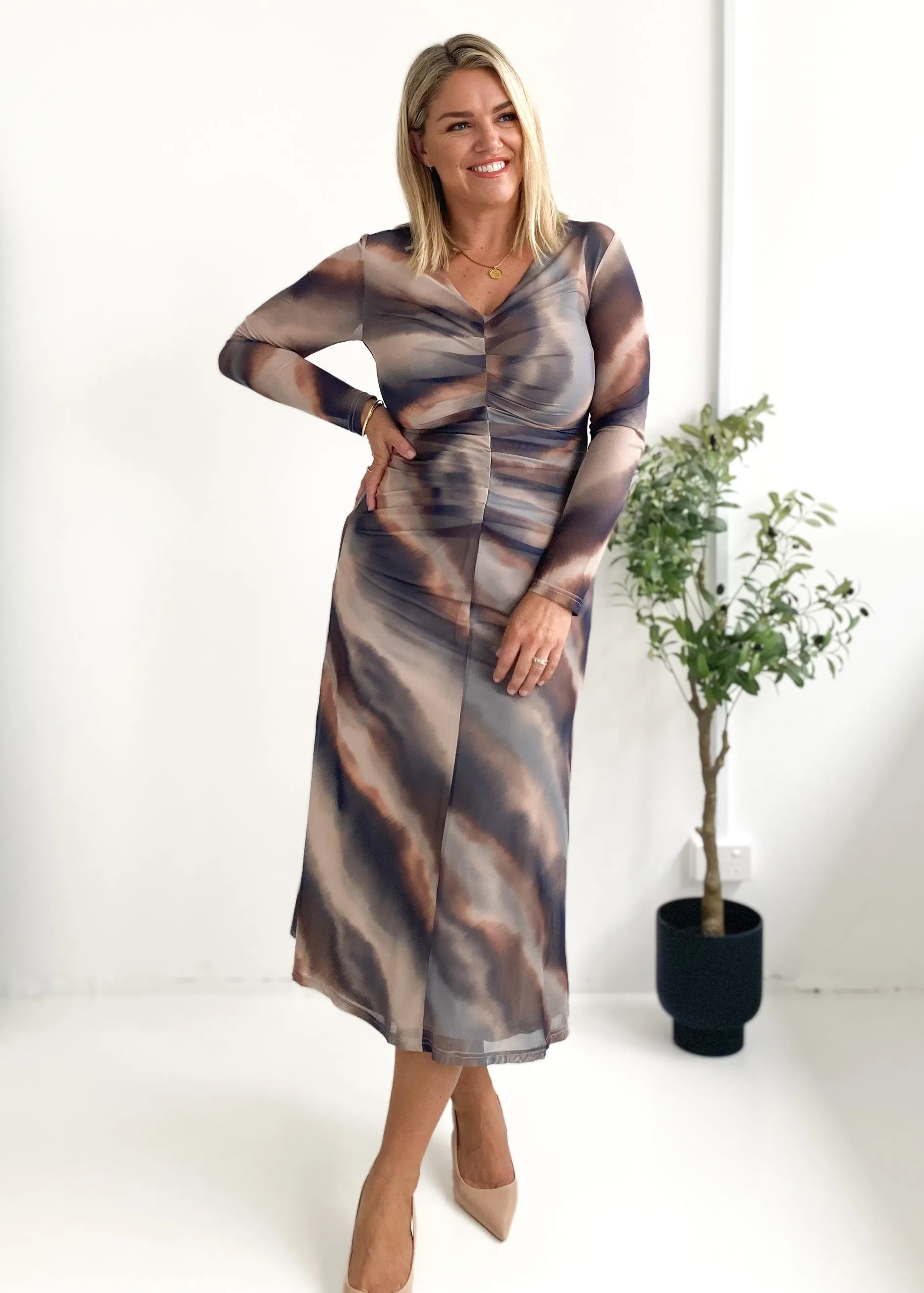 Aulia Mesh Midi Dress - Mocha Watercolour