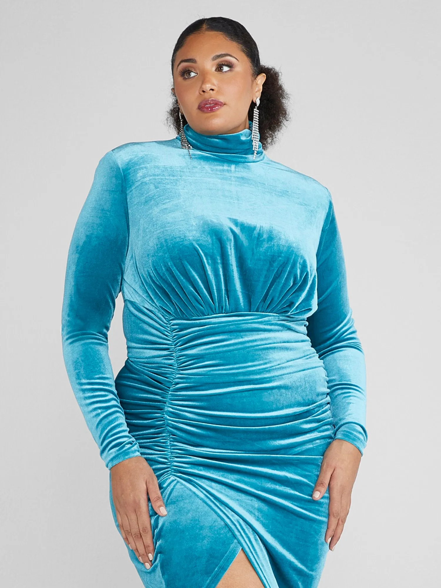 Beverly Asymmetrical Hem Ruched Velvet Dress