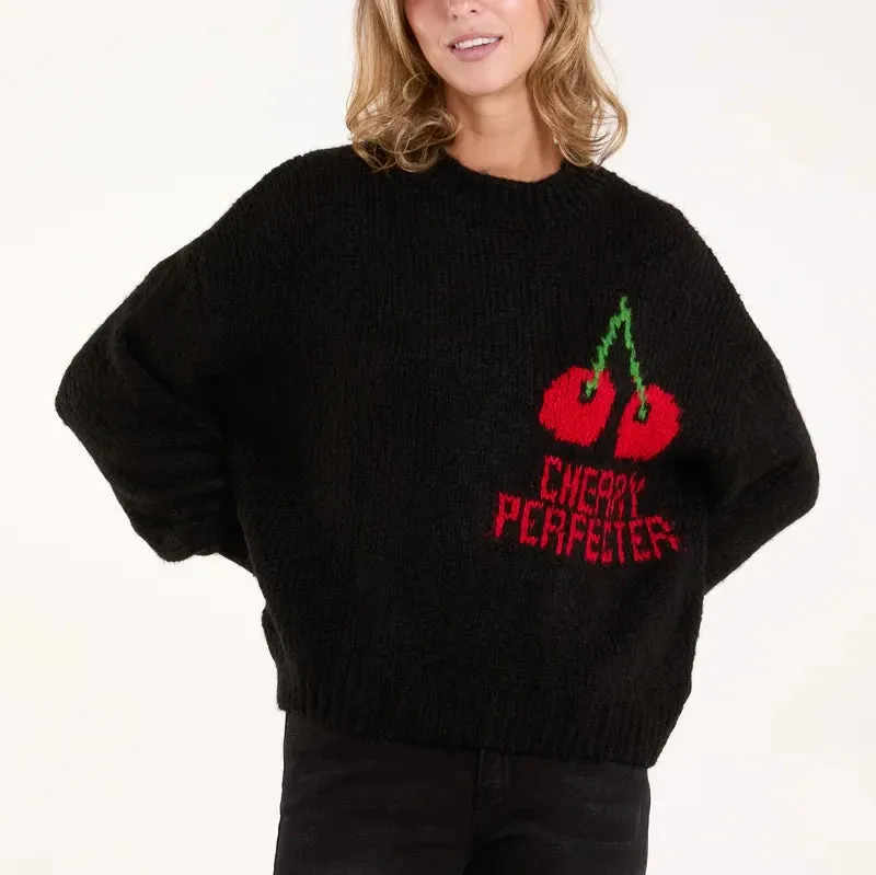Black crew neck jumper cherry