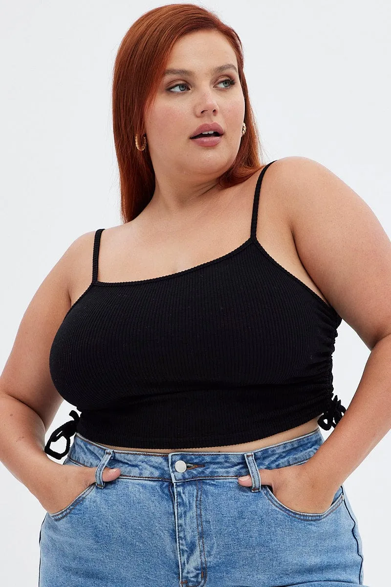 Black Crop Top Rib Jersey Drawstring Side