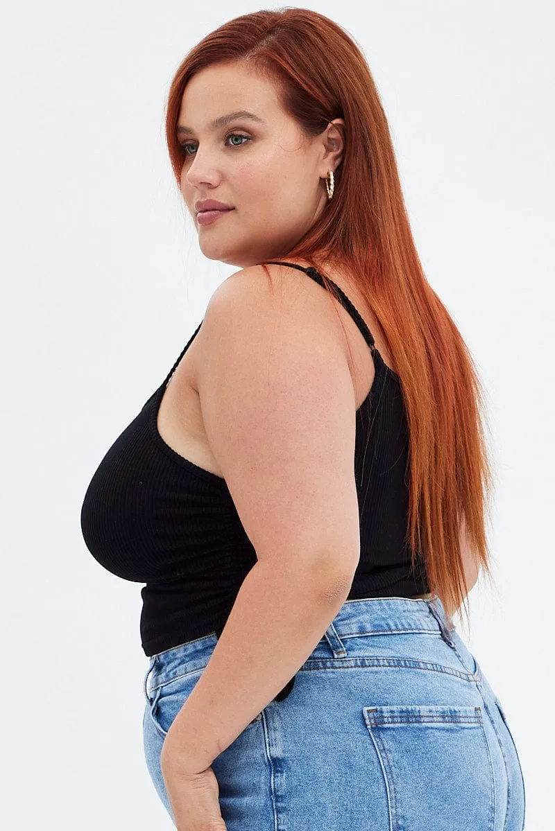 Black Crop Top Rib Jersey Drawstring Side