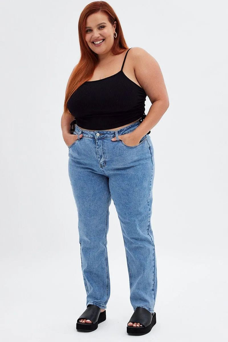 Black Crop Top Rib Jersey Drawstring Side