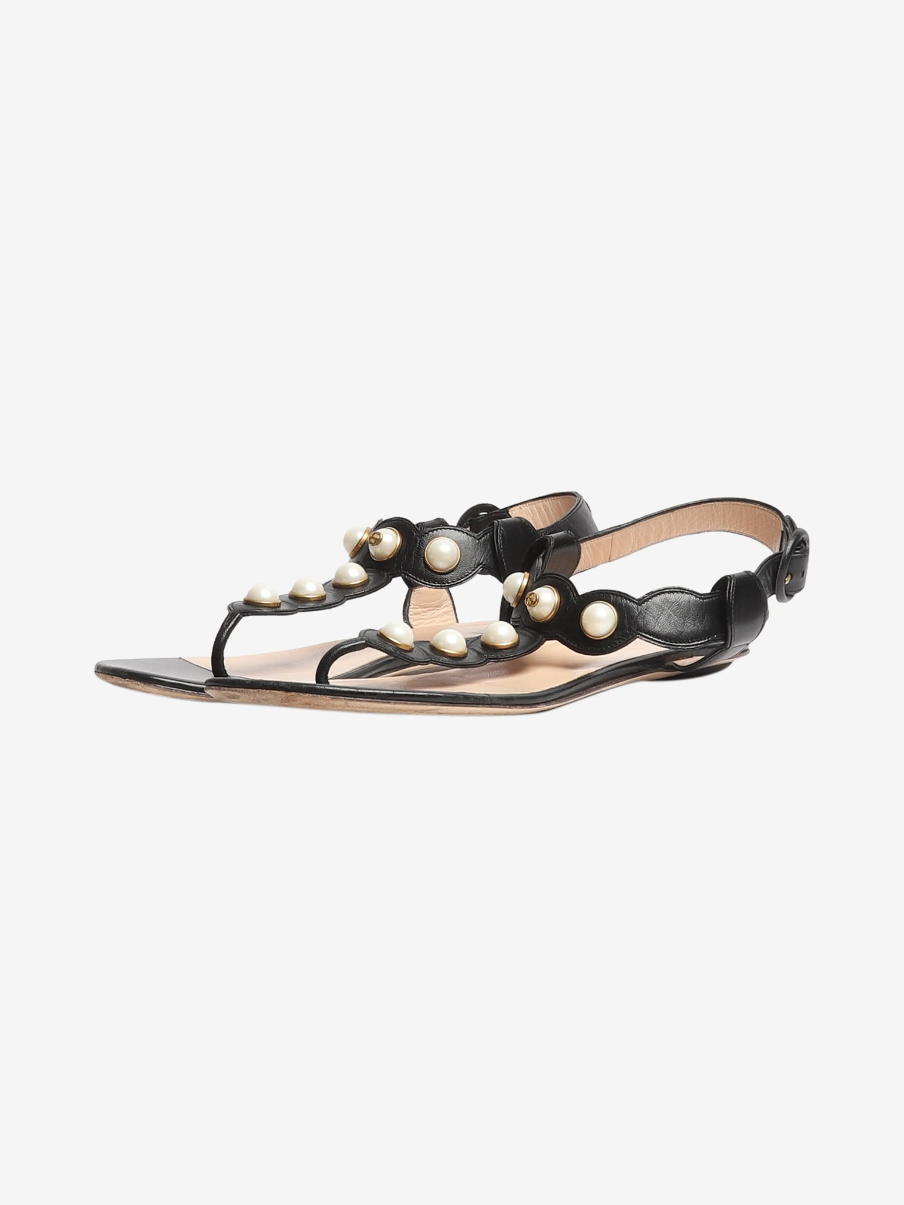Black leather faux-pearl embellished sandals - size EU 39