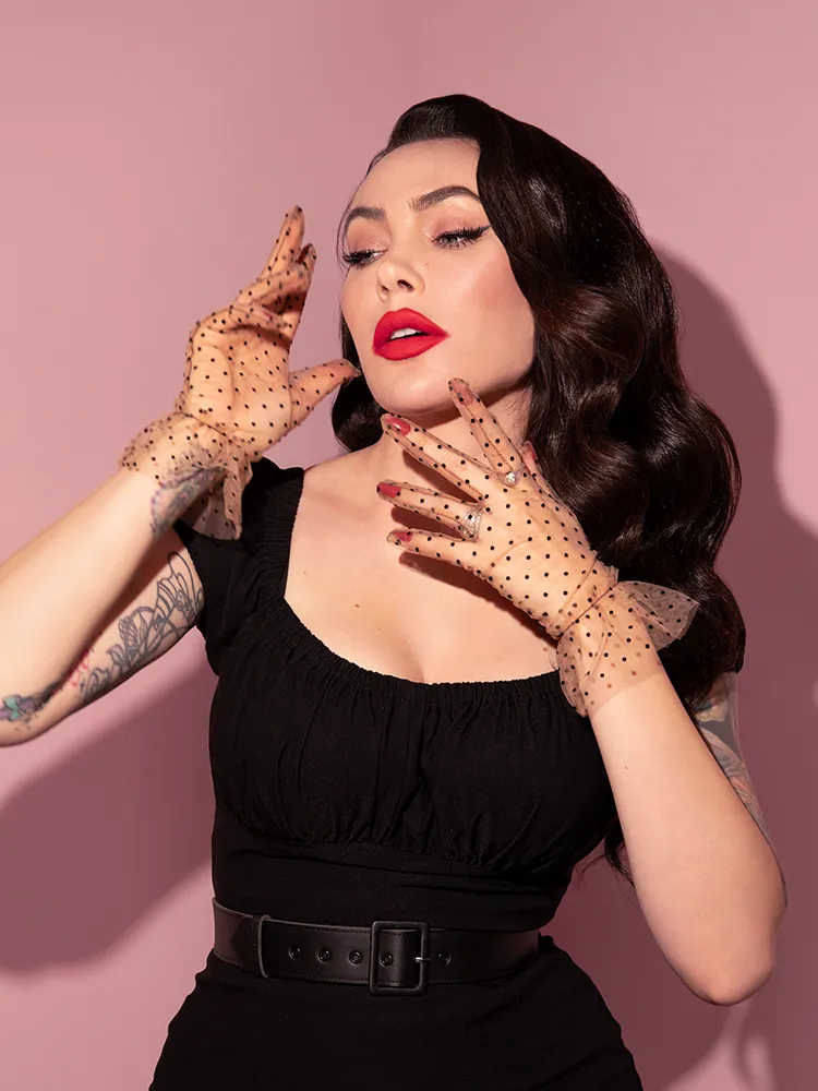 Black Polka Dot Wristlet Gloves in Tan Mesh