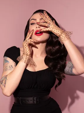 Black Polka Dot Wristlet Gloves in Tan Mesh