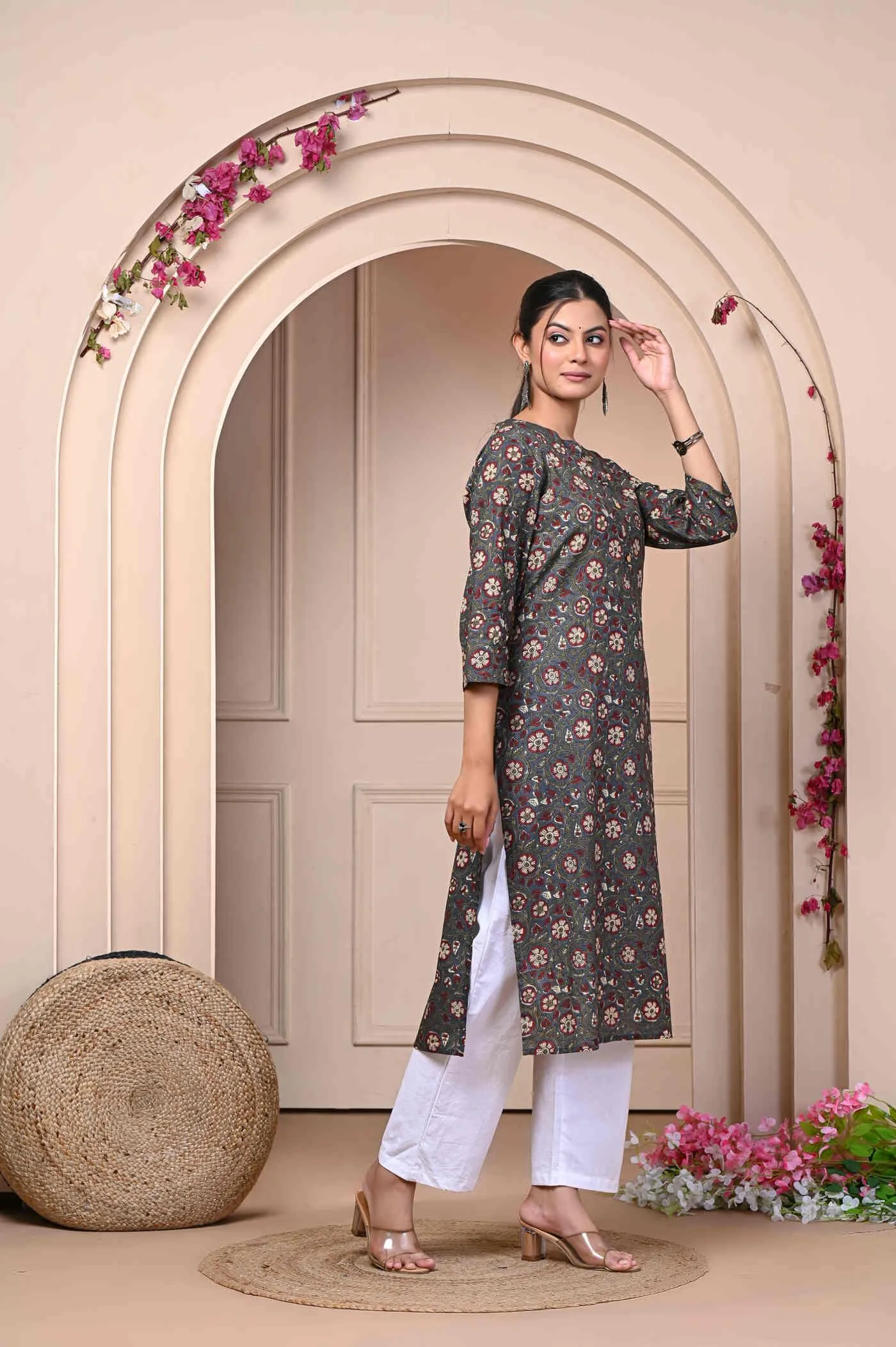 Brown Straight Printed Cotton Kurti