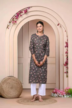 Brown Straight Printed Cotton Kurti