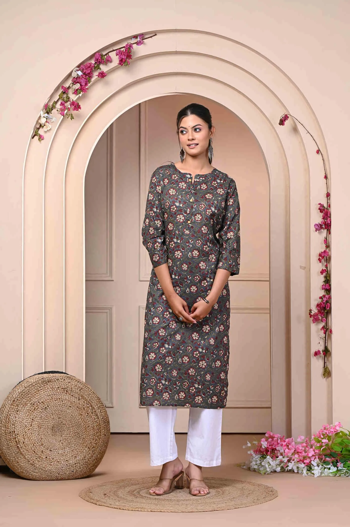 Brown Straight Printed Cotton Kurti