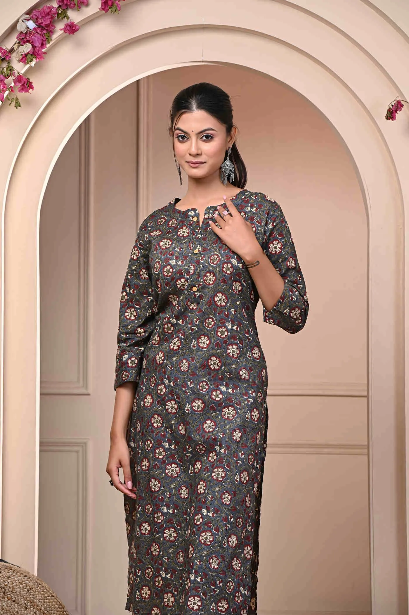 Brown Straight Printed Cotton Kurti