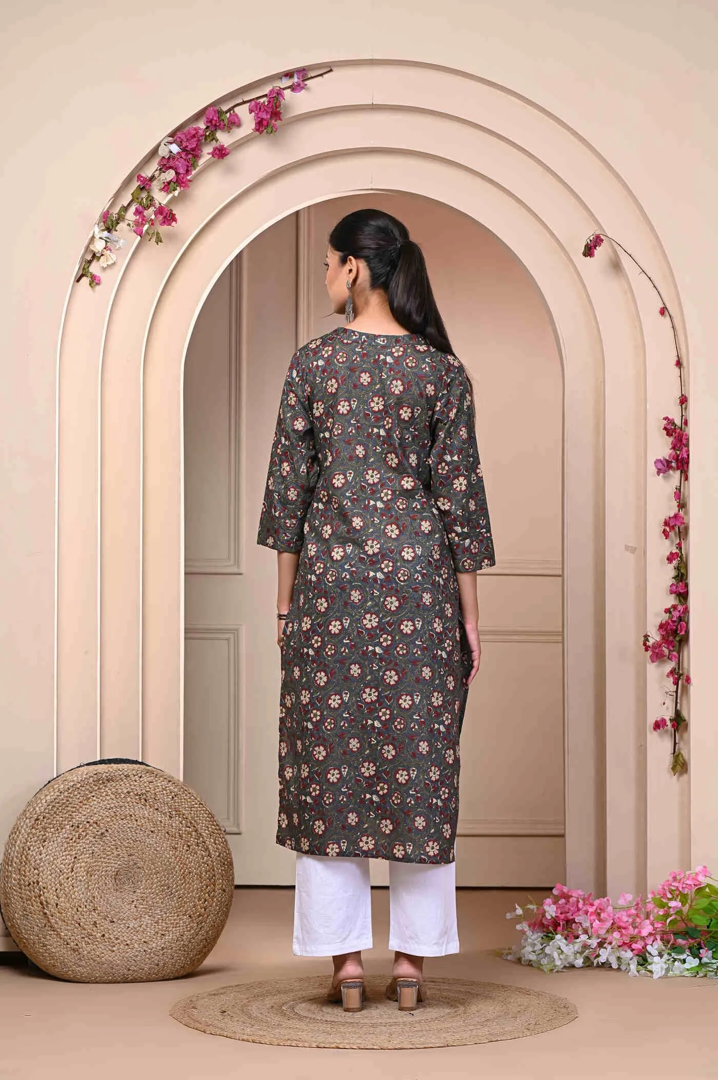 Brown Straight Printed Cotton Kurti