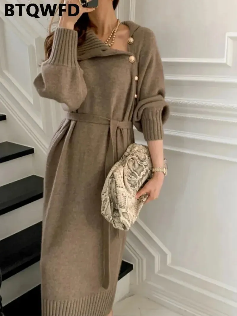 BTQWFD Dresses for Women Turtleneck Sweaters Female Clothing Long Sleeves Party Pullovers 2024 New Autumn Winter Button Skirts