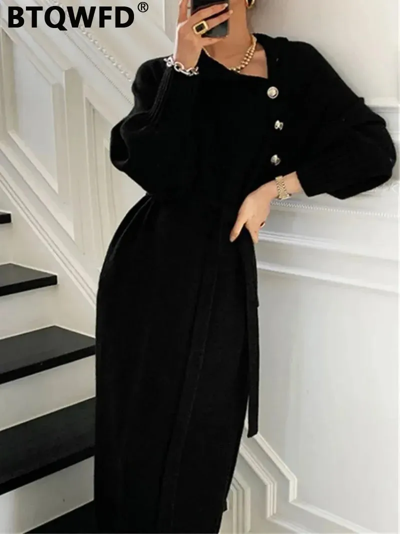 BTQWFD Dresses for Women Turtleneck Sweaters Female Clothing Long Sleeves Party Pullovers 2024 New Autumn Winter Button Skirts
