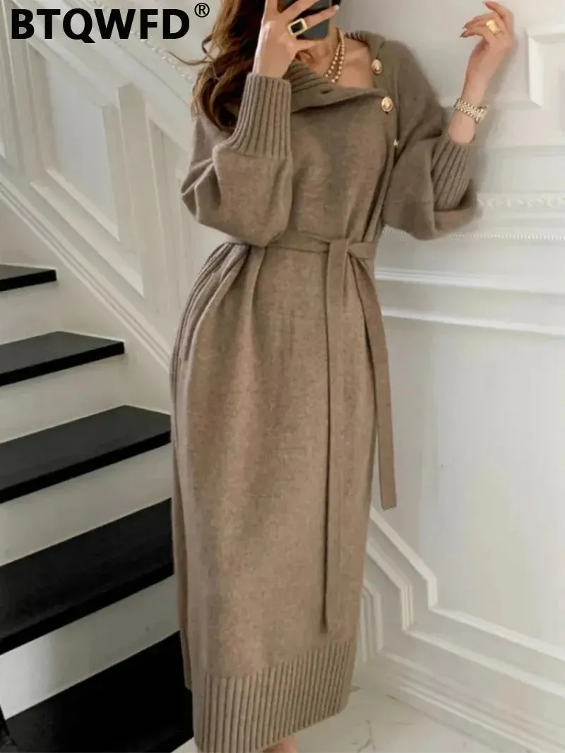 BTQWFD Dresses for Women Turtleneck Sweaters Female Clothing Long Sleeves Party Pullovers 2024 New Autumn Winter Button Skirts