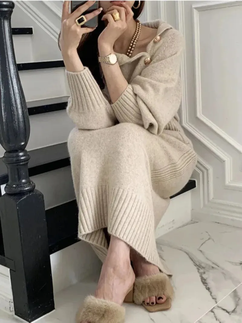 BTQWFD Dresses for Women Turtleneck Sweaters Female Clothing Long Sleeves Party Pullovers 2024 New Autumn Winter Button Skirts
