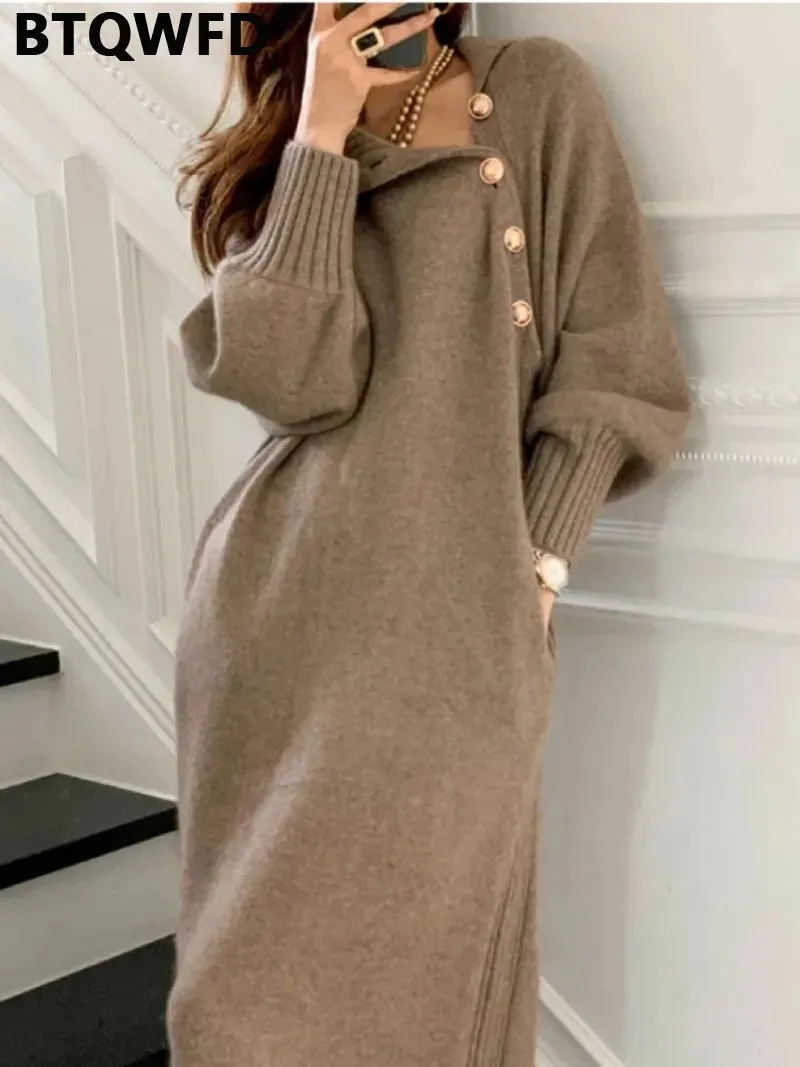BTQWFD Dresses for Women Turtleneck Sweaters Female Clothing Long Sleeves Party Pullovers 2024 New Autumn Winter Button Skirts