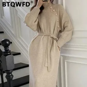 BTQWFD Dresses for Women Turtleneck Sweaters Female Clothing Long Sleeves Party Pullovers 2024 New Autumn Winter Button Skirts