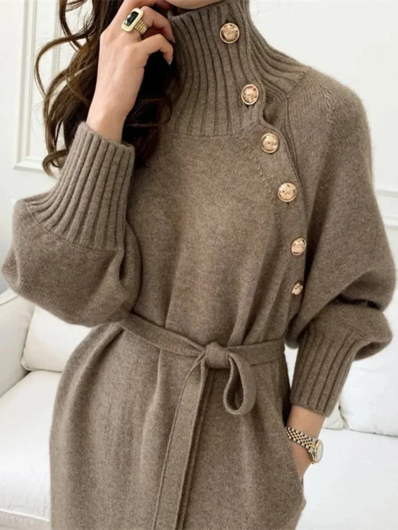 BTQWFD Dresses for Women Turtleneck Sweaters Female Clothing Long Sleeves Party Pullovers 2024 New Autumn Winter Button Skirts