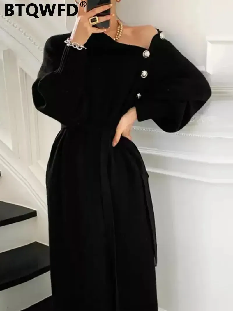 BTQWFD Dresses for Women Turtleneck Sweaters Female Clothing Long Sleeves Party Pullovers 2024 New Autumn Winter Button Skirts