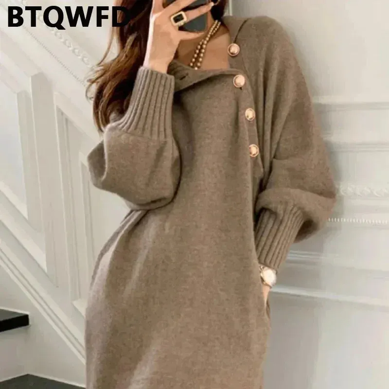 BTQWFD Dresses for Women Turtleneck Sweaters Female Clothing Long Sleeves Party Pullovers 2024 New Autumn Winter Button Skirts