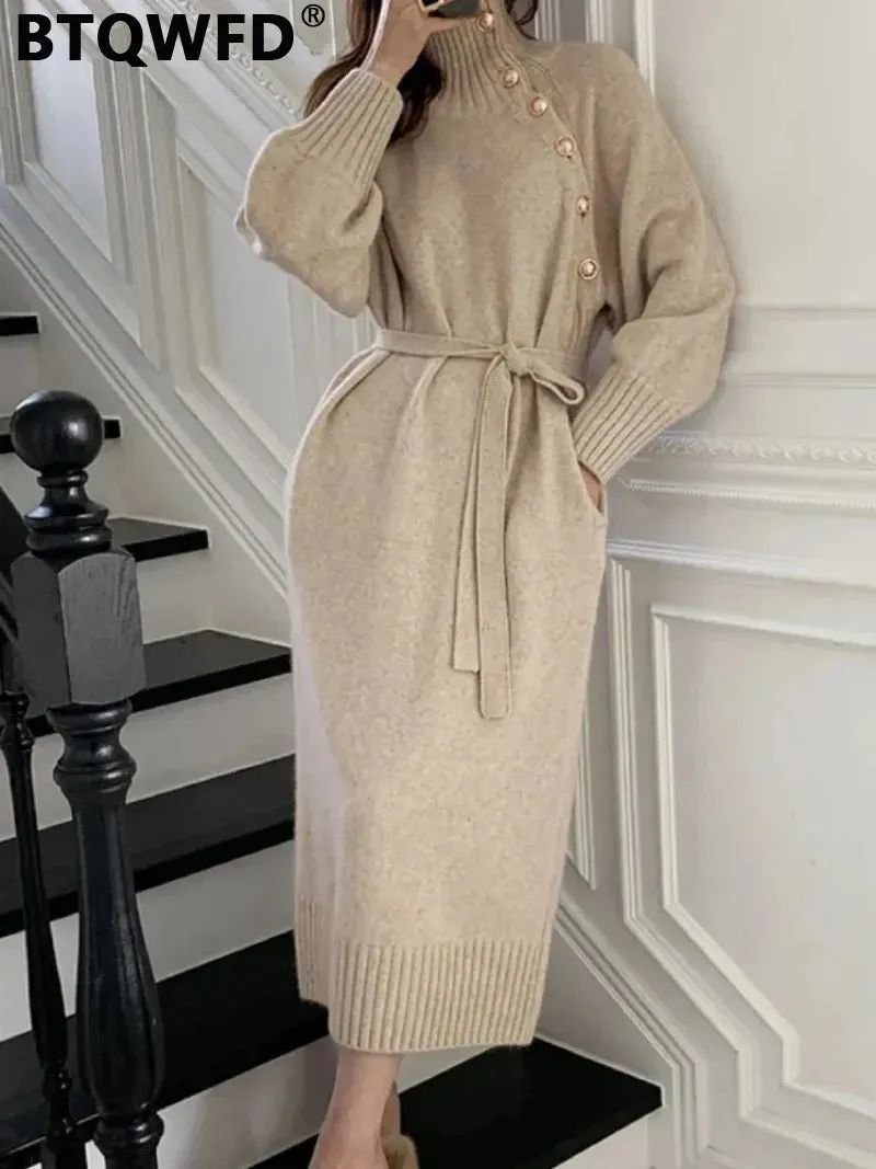 BTQWFD Dresses for Women Turtleneck Sweaters Female Clothing Long Sleeves Party Pullovers 2024 New Autumn Winter Button Skirts