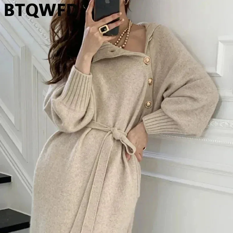 BTQWFD Dresses for Women Turtleneck Sweaters Female Clothing Long Sleeves Party Pullovers 2024 New Autumn Winter Button Skirts