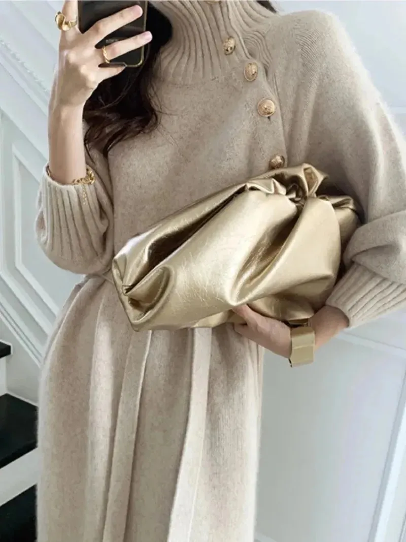 BTQWFD Dresses for Women Turtleneck Sweaters Female Clothing Long Sleeves Party Pullovers 2024 New Autumn Winter Button Skirts