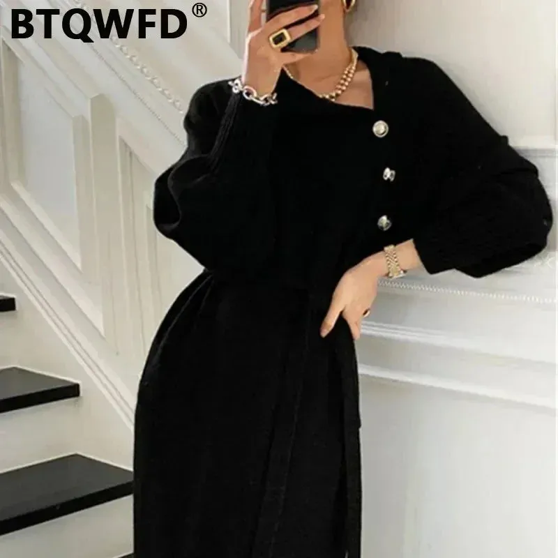BTQWFD Dresses for Women Turtleneck Sweaters Female Clothing Long Sleeves Party Pullovers 2024 New Autumn Winter Button Skirts
