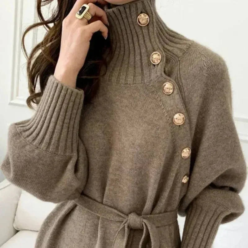 BTQWFD Dresses for Women Turtleneck Sweaters Female Clothing Long Sleeves Party Pullovers 2024 New Autumn Winter Button Skirts