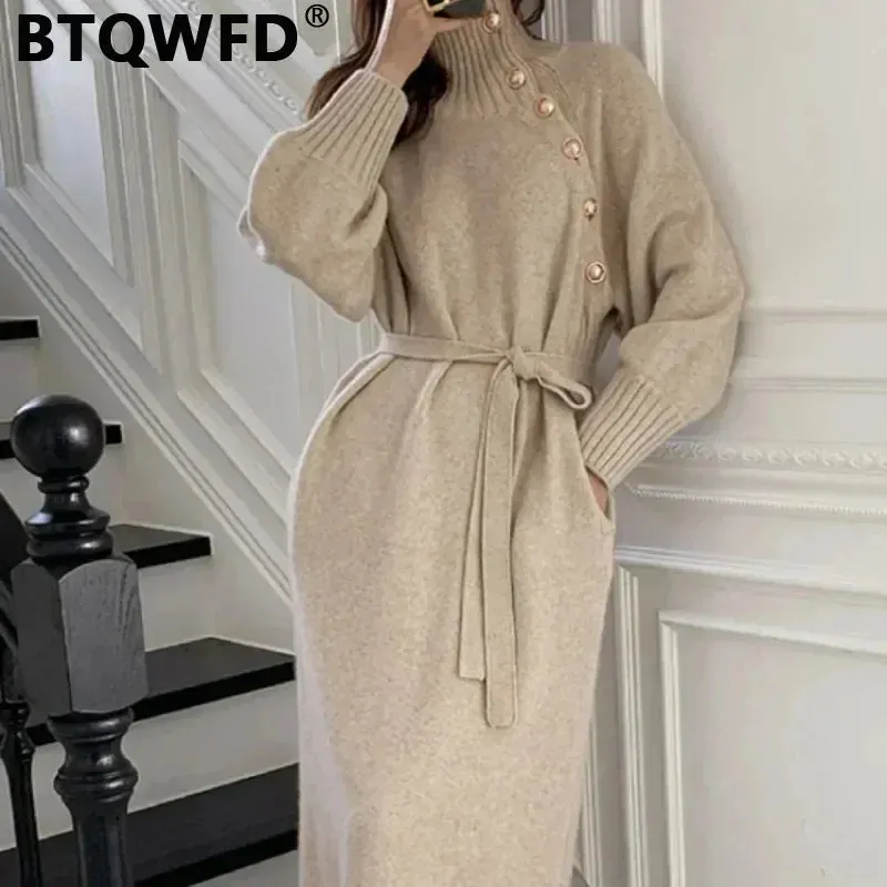 BTQWFD Dresses for Women Turtleneck Sweaters Female Clothing Long Sleeves Party Pullovers 2024 New Autumn Winter Button Skirts