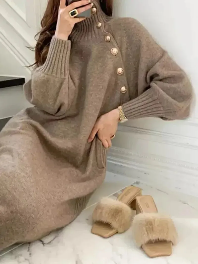 BTQWFD Dresses for Women Turtleneck Sweaters Female Clothing Long Sleeves Party Pullovers 2024 New Autumn Winter Button Skirts