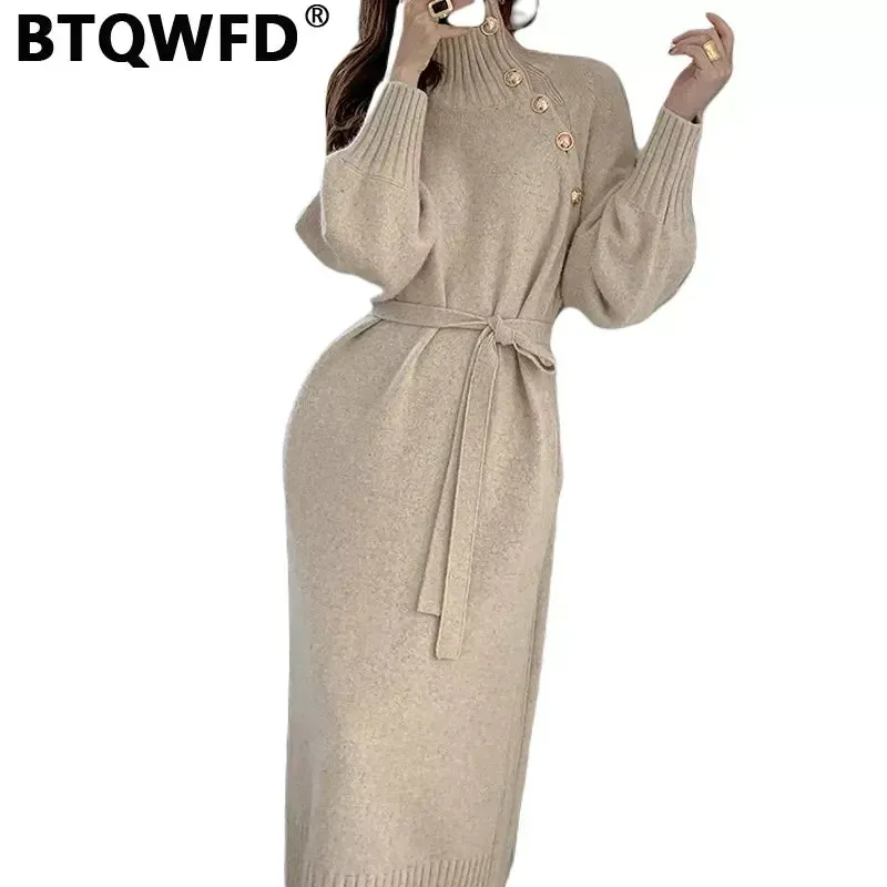 BTQWFD Dresses for Women Turtleneck Sweaters Female Clothing Long Sleeves Party Pullovers 2024 New Autumn Winter Button Skirts