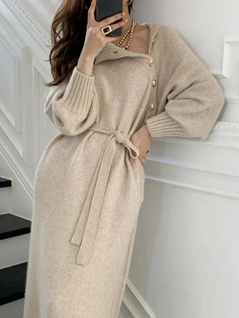 BTQWFD Dresses for Women Turtleneck Sweaters Female Clothing Long Sleeves Party Pullovers 2024 New Autumn Winter Button Skirts