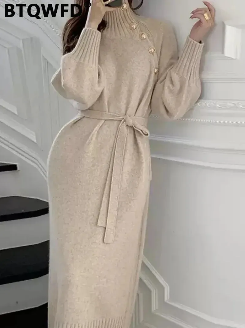BTQWFD Dresses for Women Turtleneck Sweaters Female Clothing Long Sleeves Party Pullovers 2024 New Autumn Winter Button Skirts