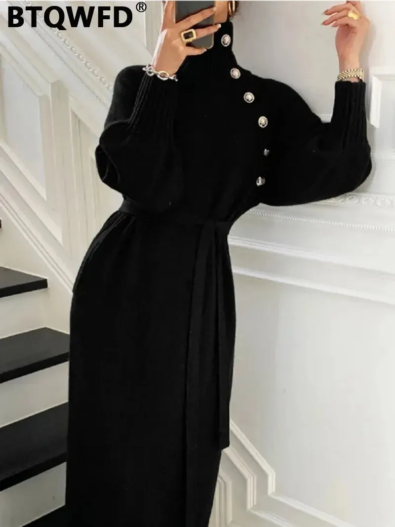 BTQWFD Dresses for Women Turtleneck Sweaters Female Clothing Long Sleeves Party Pullovers 2024 New Autumn Winter Button Skirts
