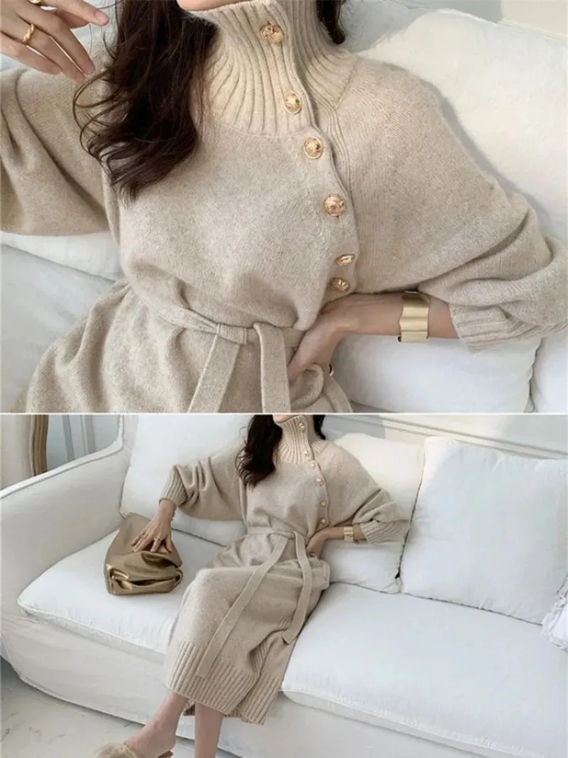 BTQWFD Dresses for Women Turtleneck Sweaters Female Clothing Long Sleeves Party Pullovers 2024 New Autumn Winter Button Skirts