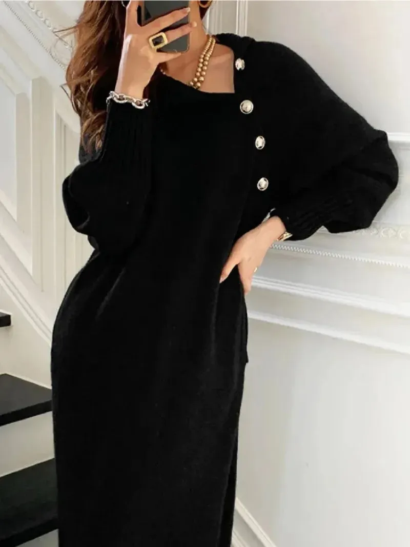 BTQWFD Dresses for Women Turtleneck Sweaters Female Clothing Long Sleeves Party Pullovers 2024 New Autumn Winter Button Skirts