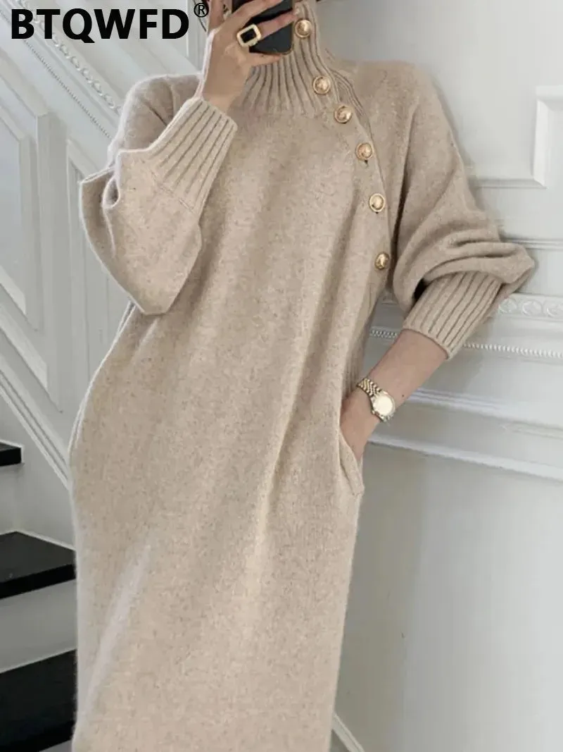 BTQWFD Dresses for Women Turtleneck Sweaters Female Clothing Long Sleeves Party Pullovers 2024 New Autumn Winter Button Skirts