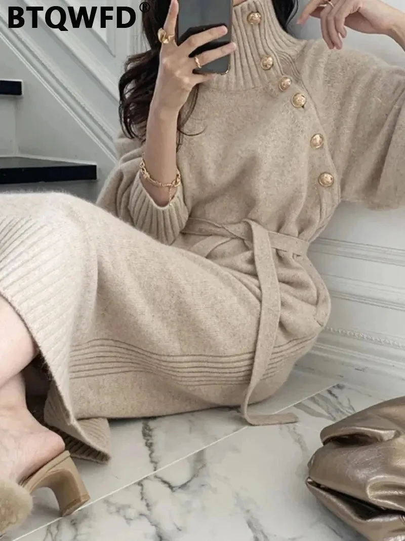 BTQWFD Dresses for Women Turtleneck Sweaters Female Clothing Long Sleeves Party Pullovers 2024 New Autumn Winter Button Skirts
