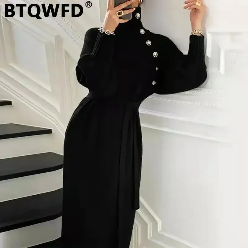 BTQWFD Dresses for Women Turtleneck Sweaters Female Clothing Long Sleeves Party Pullovers 2024 New Autumn Winter Button Skirts