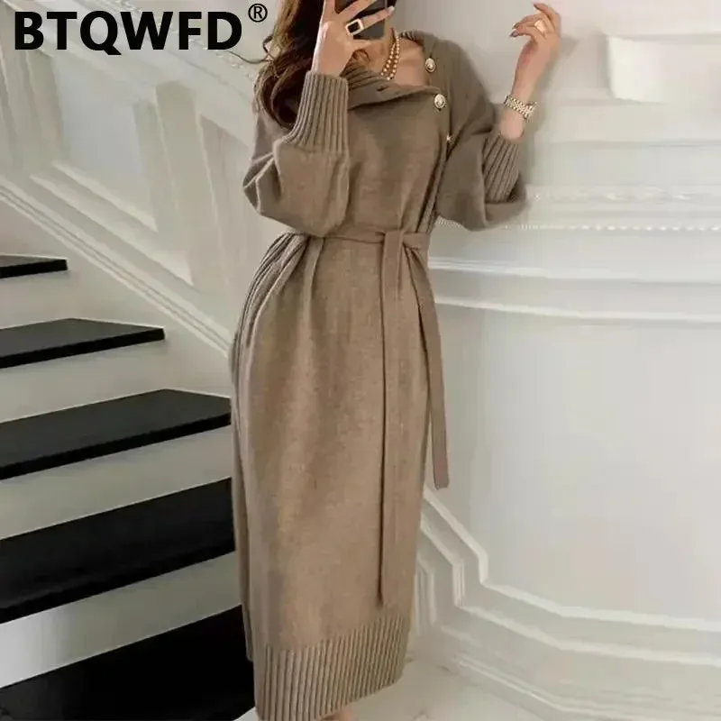 BTQWFD Dresses for Women Turtleneck Sweaters Female Clothing Long Sleeves Party Pullovers 2024 New Autumn Winter Button Skirts
