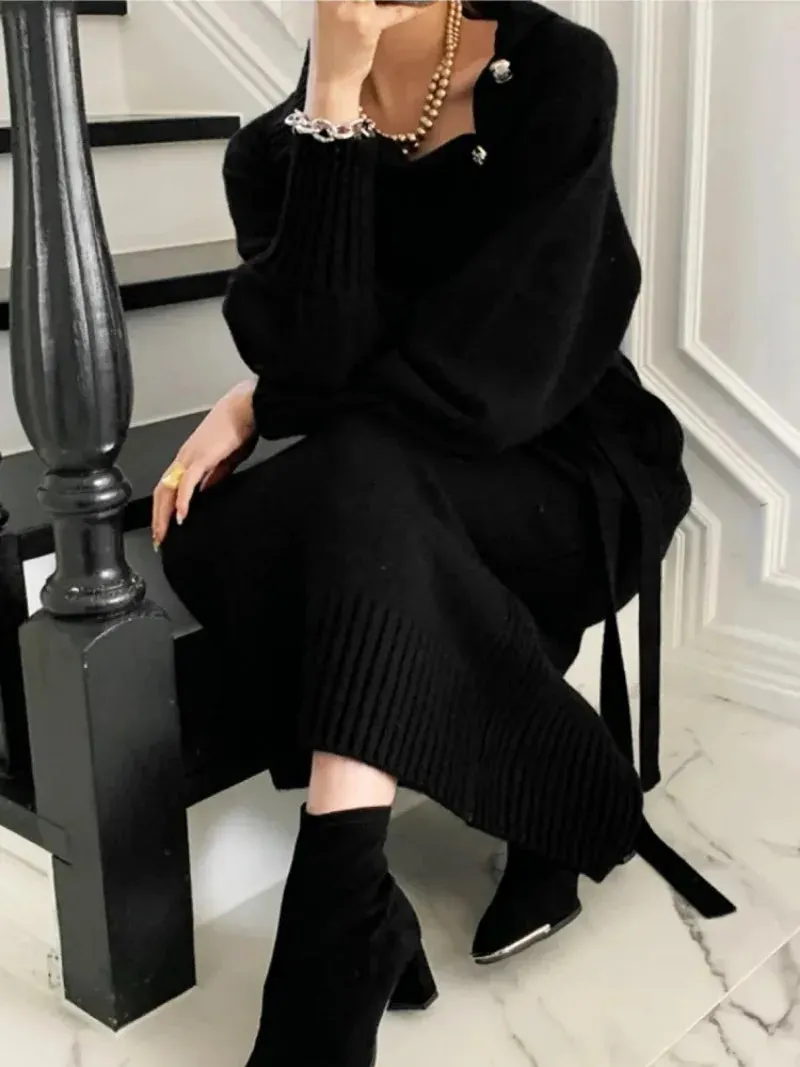 BTQWFD Dresses for Women Turtleneck Sweaters Female Clothing Long Sleeves Party Pullovers 2024 New Autumn Winter Button Skirts